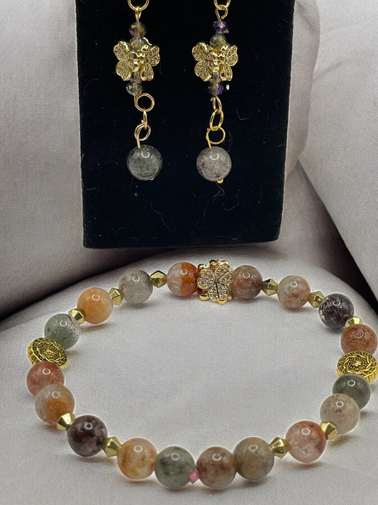 Fire and Rutilated Quartz stretch bracelet 7.5&quot; with matching earrings