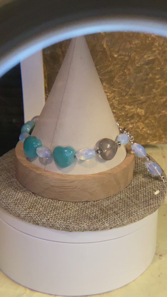 Amazonite hearts and opal wire bracelet with matching earrings 7.75"-8"